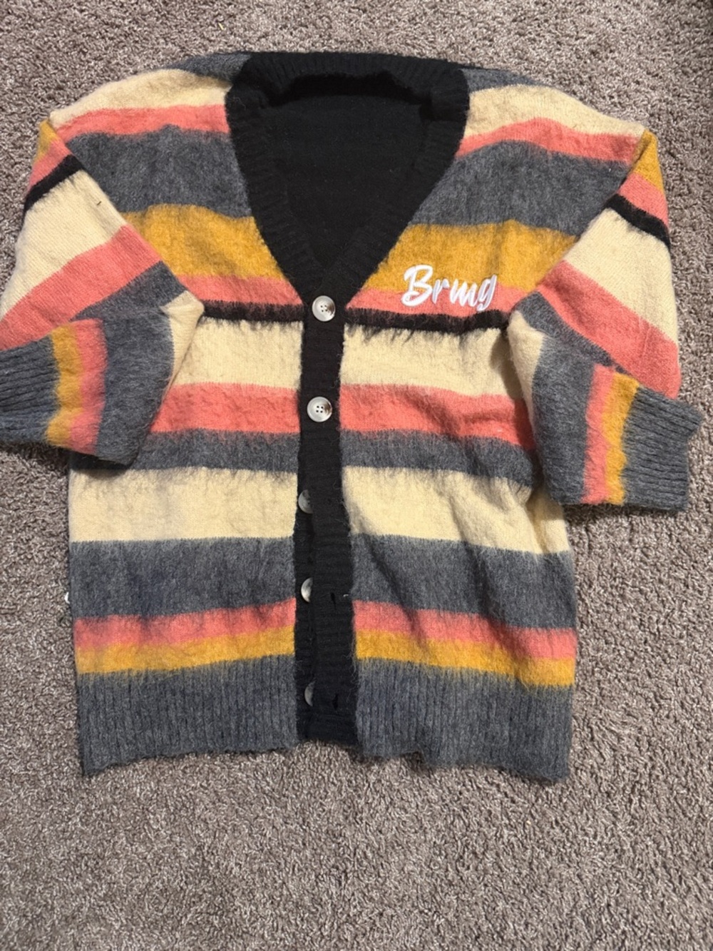 Kids Striped Button Cardigan - Ivory, Gray & Coral